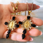 Virgin Mary Cross Necklace with Black Stones