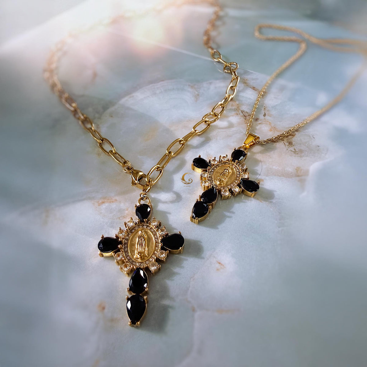 Virgin Mary Cross Necklace with Black Stones