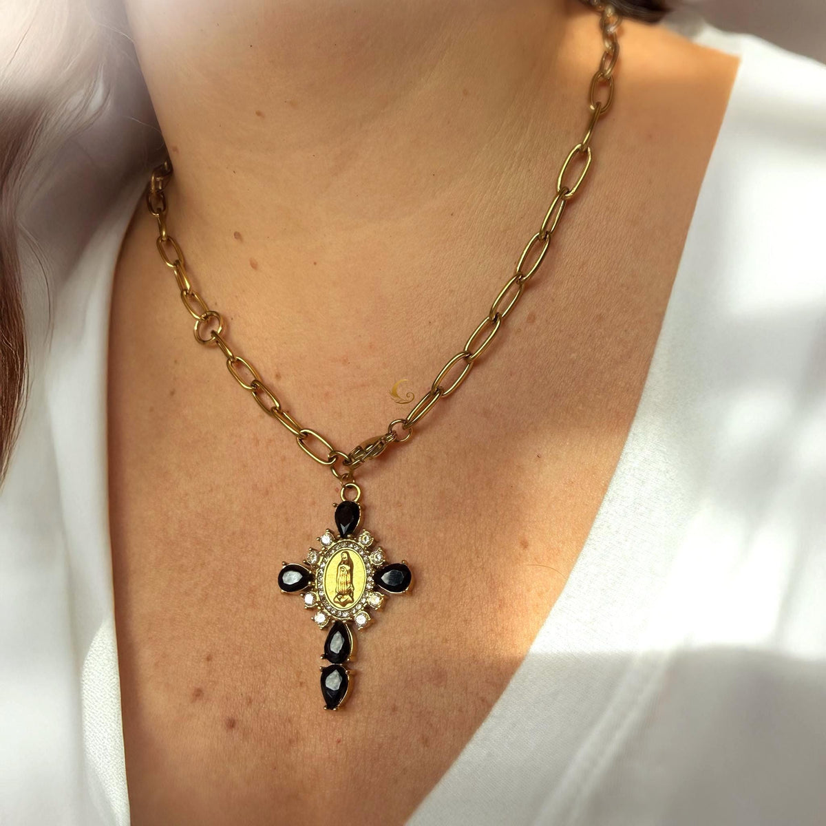 Virgin Mary Cross Necklace with Black Stones