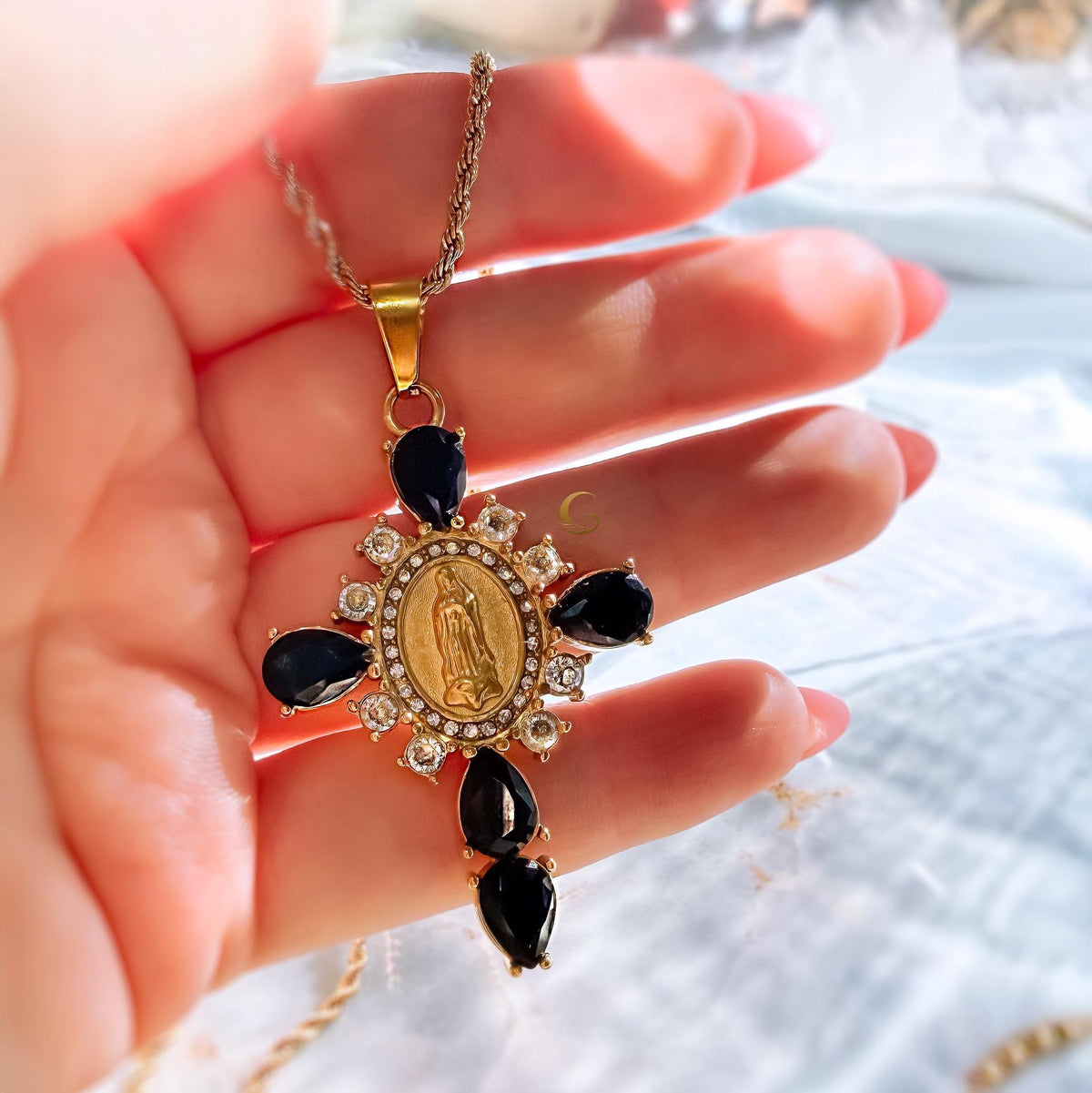 Virgin Mary Cross Necklace with Black Stones