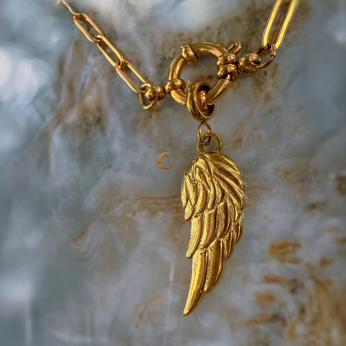 Gold Angel Wing Necklace on Paperclip Chain