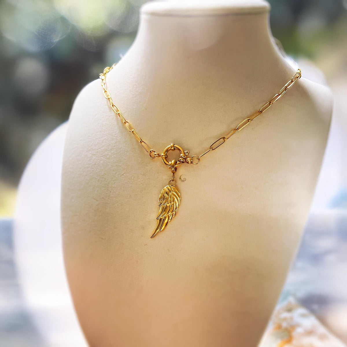 Gold Angel Wing Necklace on Paperclip Chain