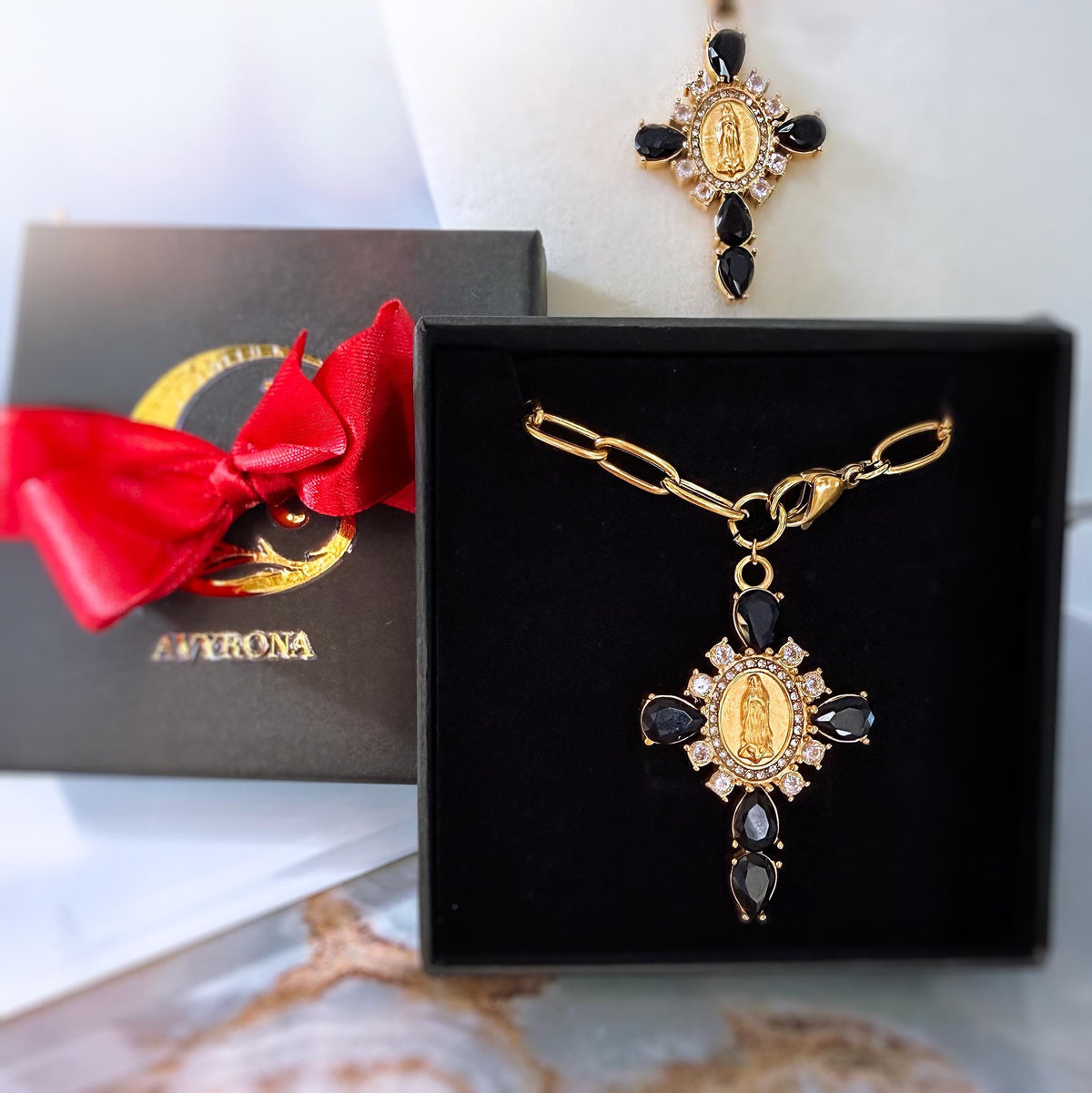 Virgin Mary Cross Necklace with Black Stones