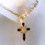 Virgin Mary Cross Necklace with Black Stones