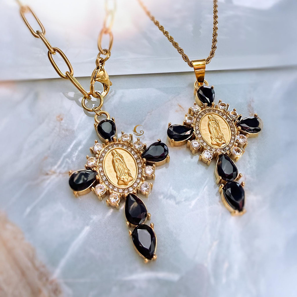 Virgin Mary Cross Necklace with Black Stones