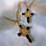 Virgin Mary Cross Necklace with Black Stones