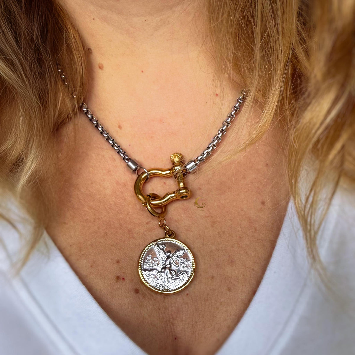 Two-Tone Coin Pendant Necklace with Toggle Clasp