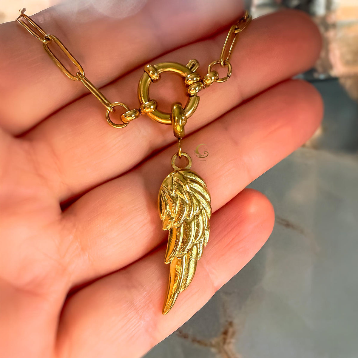 Gold Angel Wing Necklace on Paperclip Chain