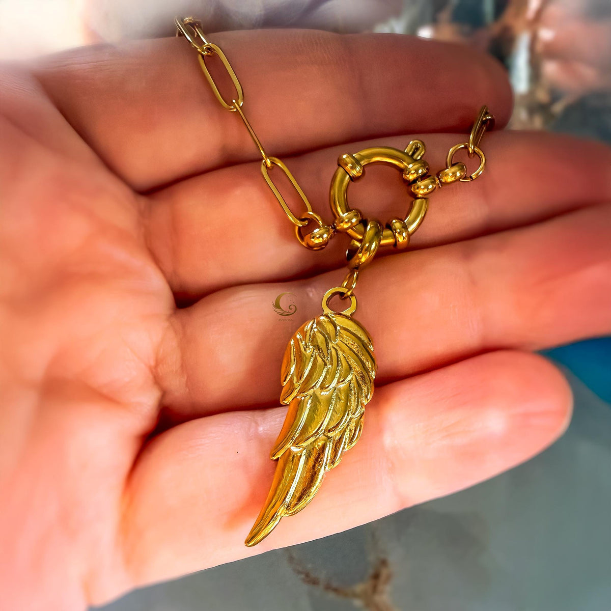 Gold Angel Wing Necklace on Paperclip Chain