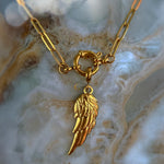Gold Angel Wing Necklace on Paperclip Chain