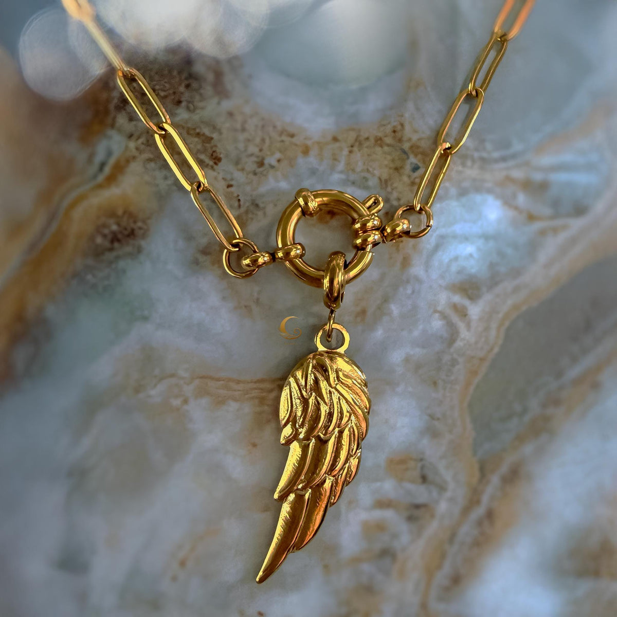 Gold Angel Wing Necklace on Paperclip Chain