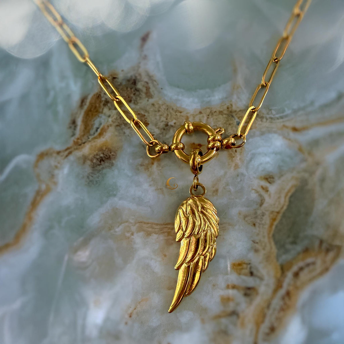 Gold Angel Wing Necklace on Paperclip Chain