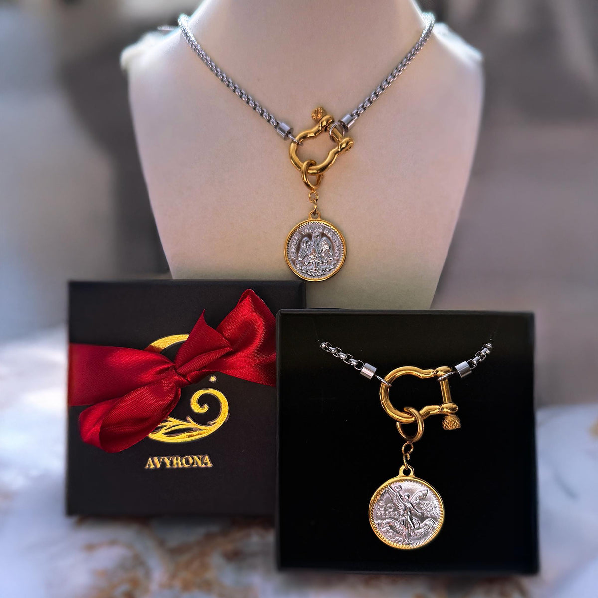Two-Tone Coin Pendant Necklace with Toggle Clasp