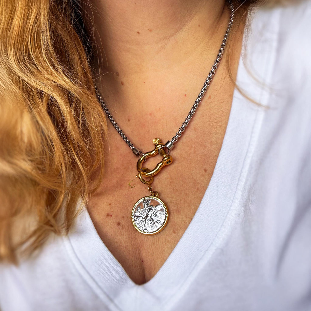 Two-Tone Coin Pendant Necklace with Toggle Clasp