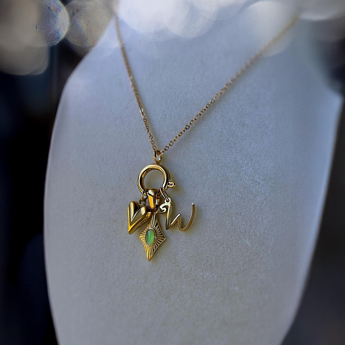 Personalized Initial Charm Necklace with Green Cat Eye and Heart
