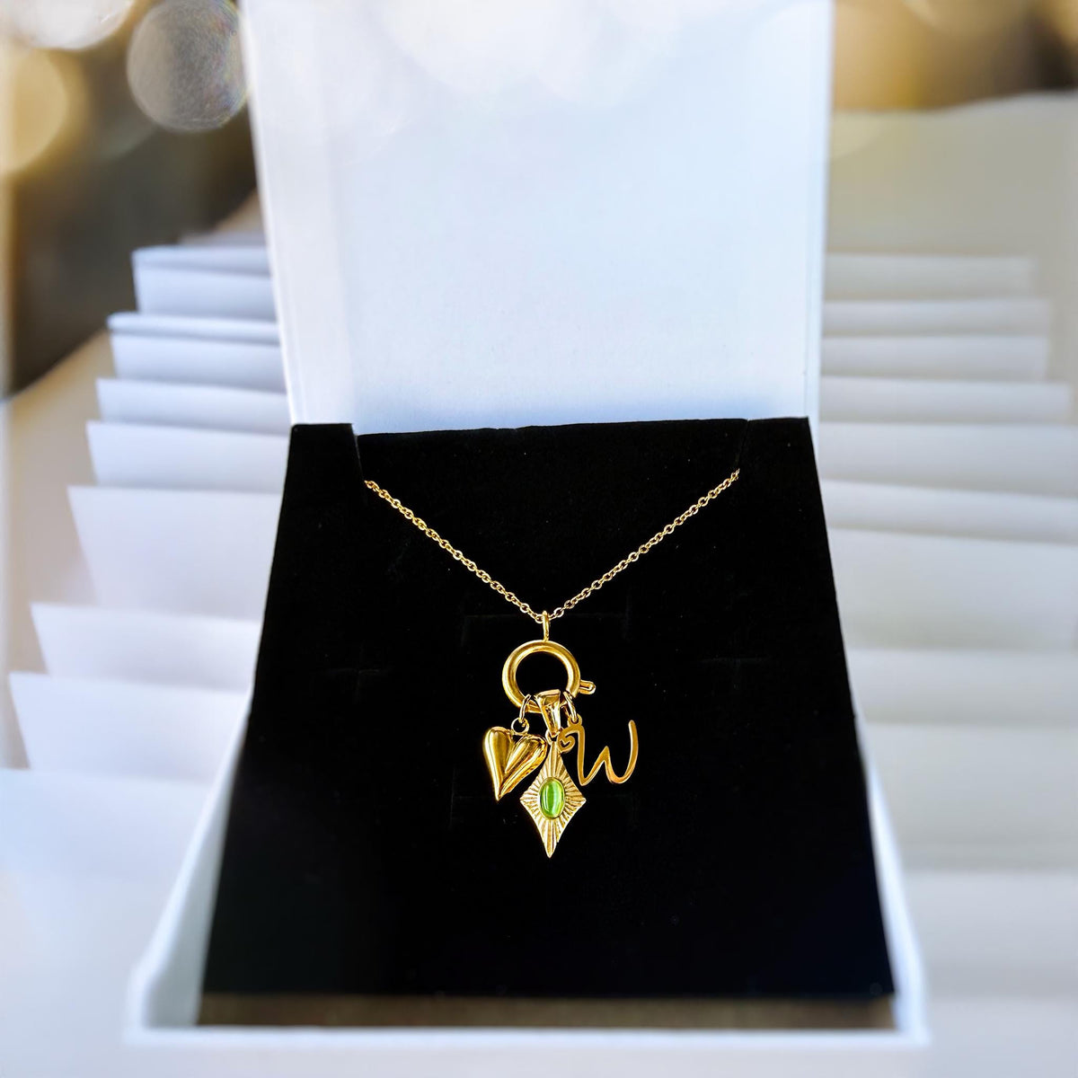 Personalized Initial Charm Necklace with Green Cat Eye and Heart