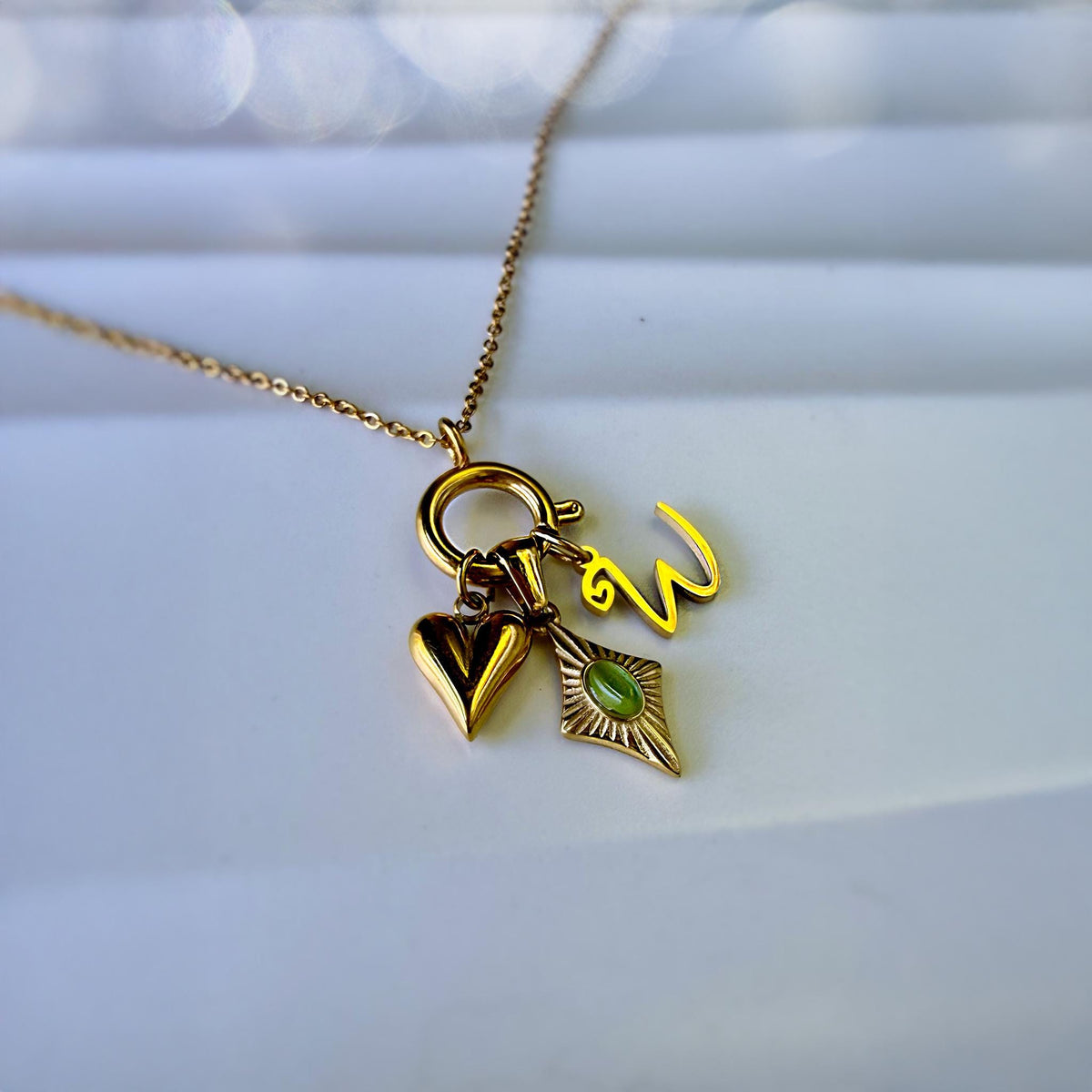 Personalized Initial Charm Necklace with Green Cat Eye and Heart