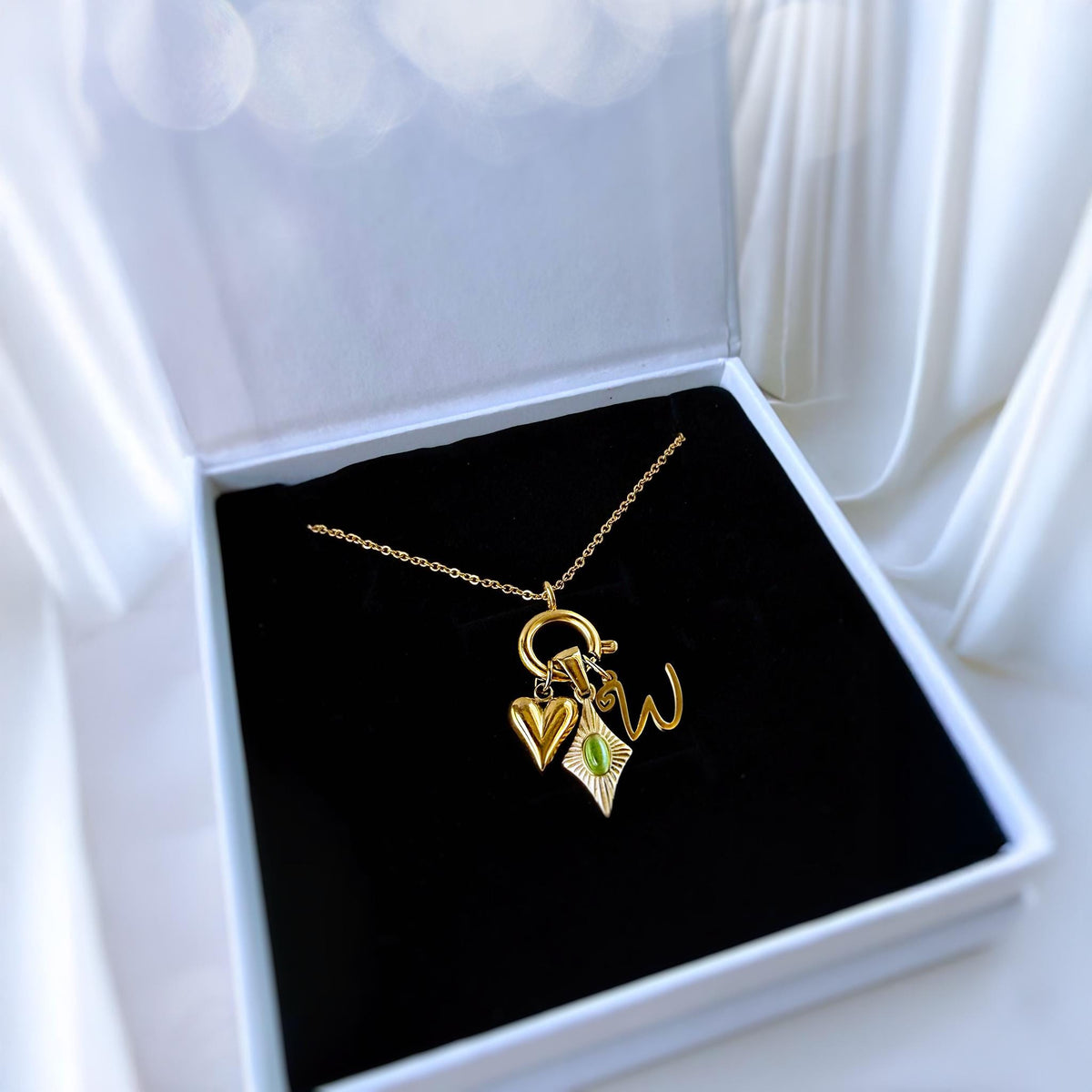 Personalized Initial Charm Necklace with Green Cat Eye and Heart