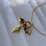 Personalized Initial Charm Necklace with Green Cat Eye and Heart