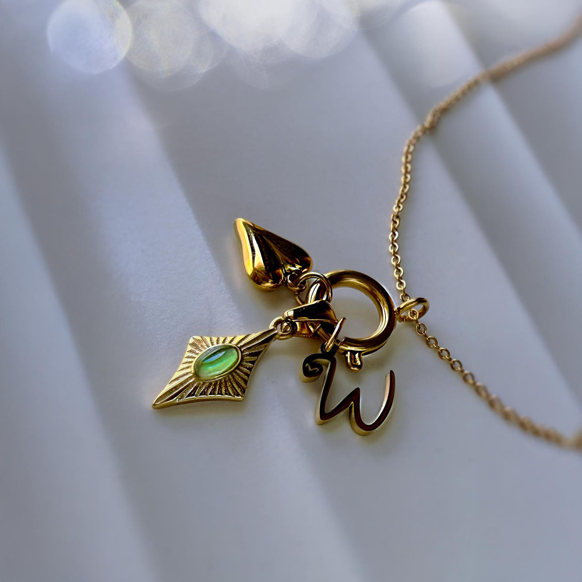 Personalized Initial Charm Necklace with Green Cat Eye and Heart