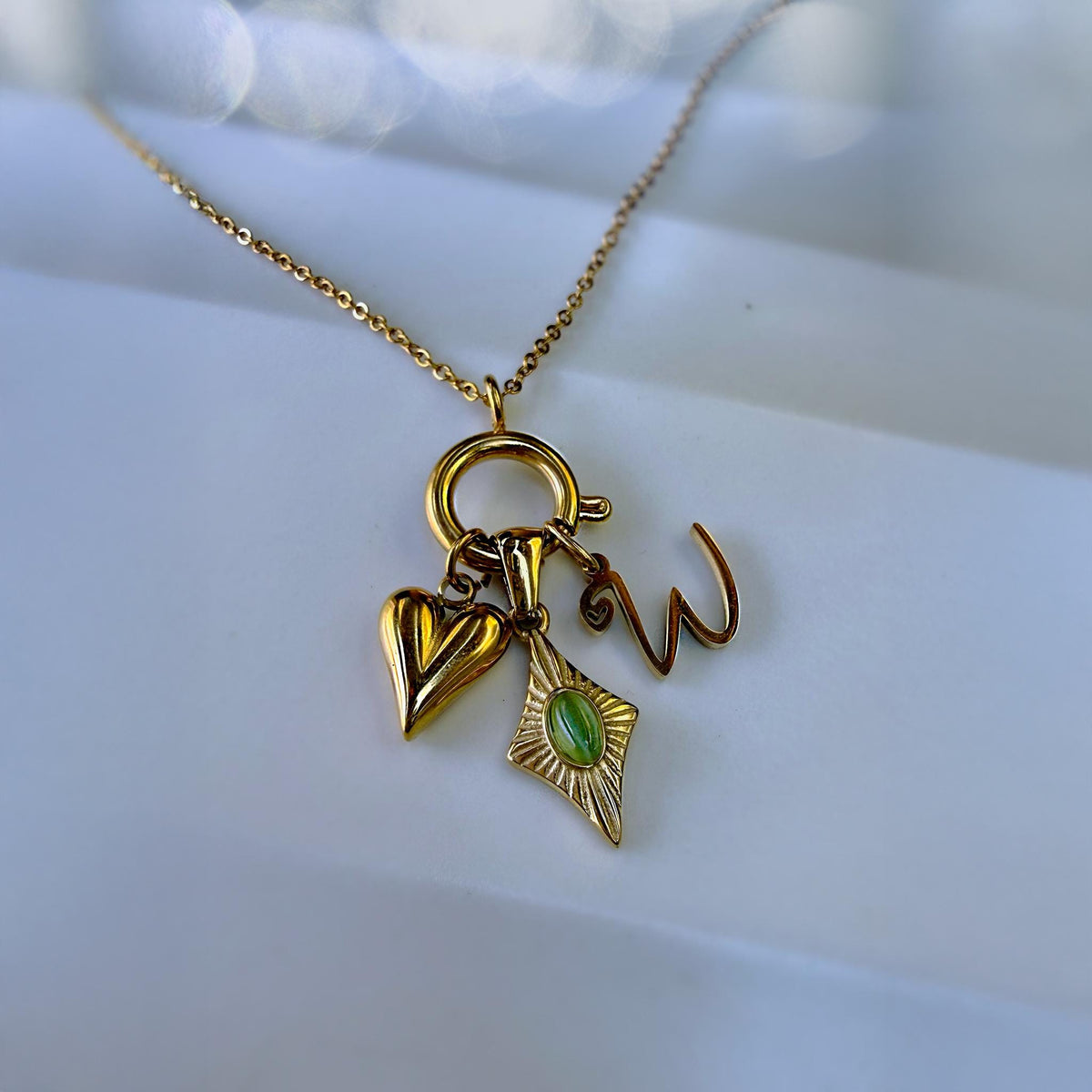 Personalized Initial Charm Necklace with Green Cat Eye and Heart