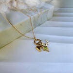 Personalized Initial Charm Necklace with Green Cat Eye and Heart