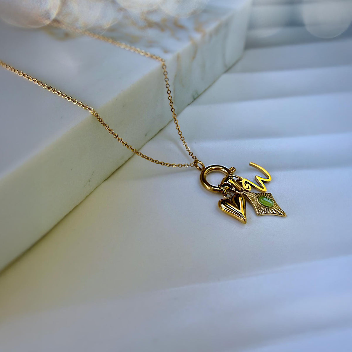 Personalized Initial Charm Necklace with Green Cat Eye and Heart
