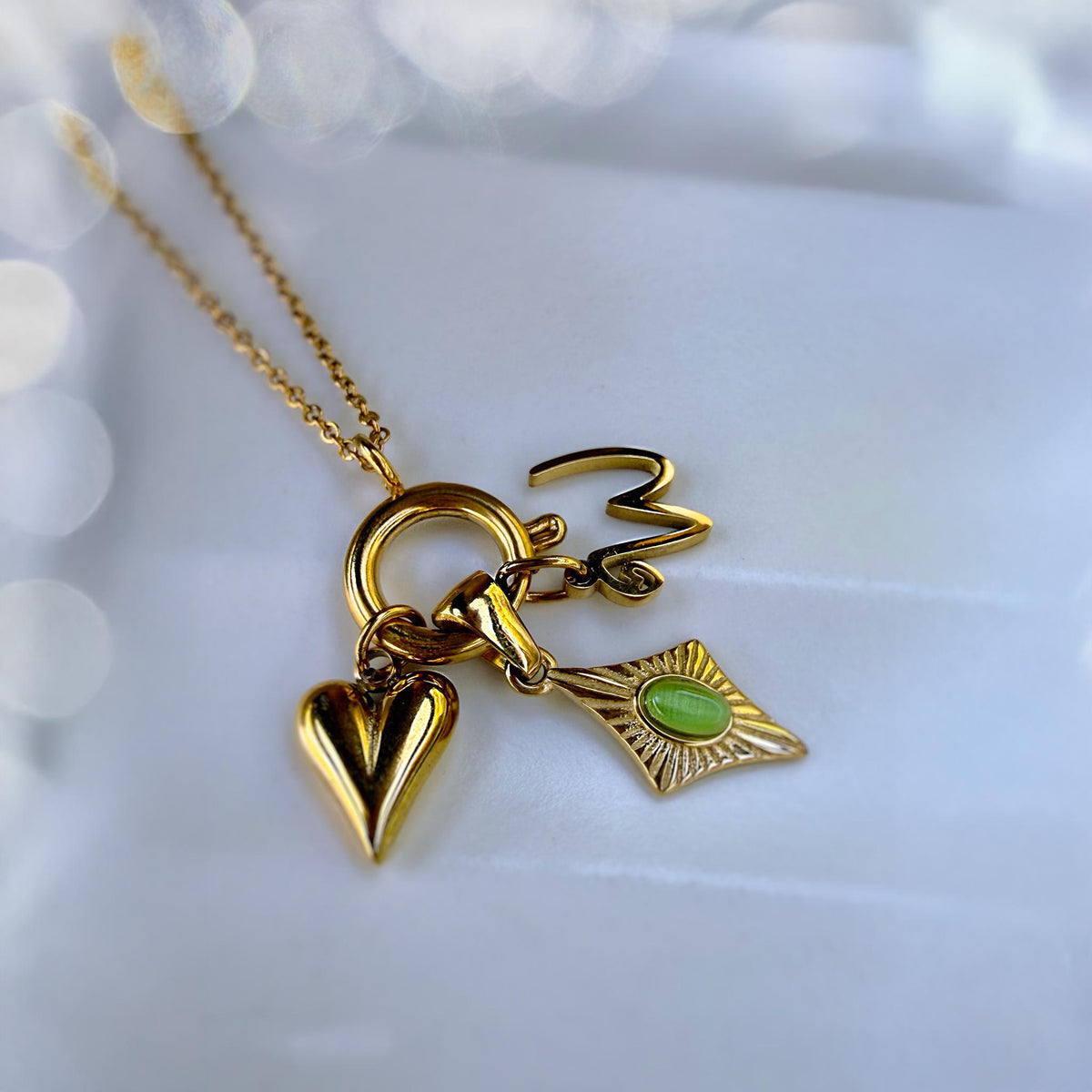 Personalized Initial Charm Necklace with Green Cat Eye and Heart