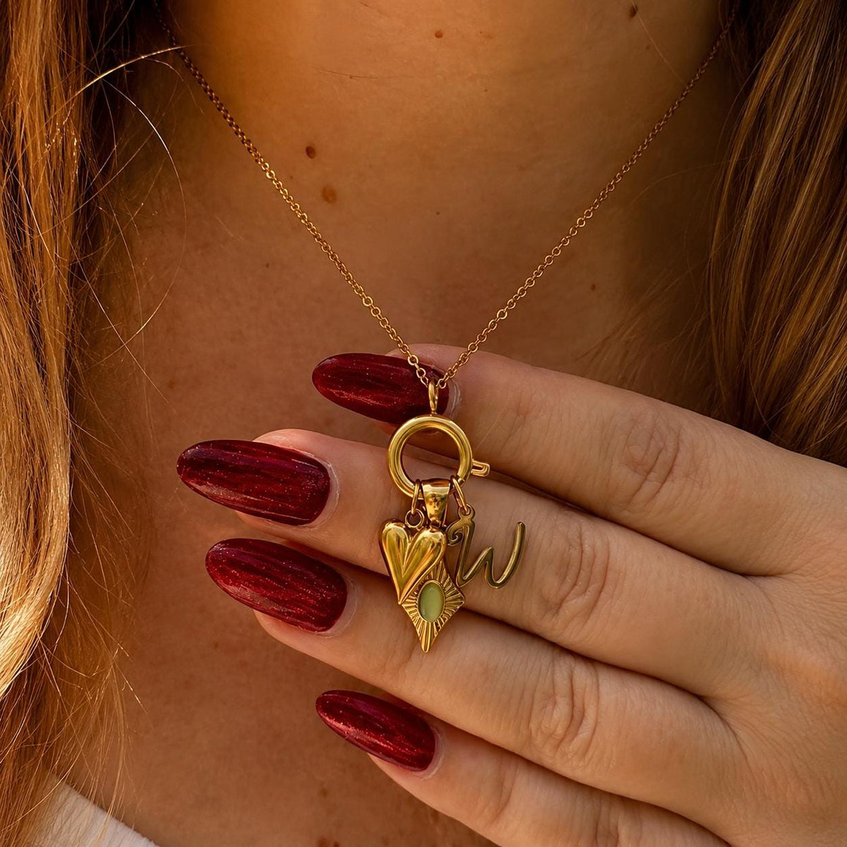 Personalized Initial Charm Necklace with Green Cat Eye and Heart