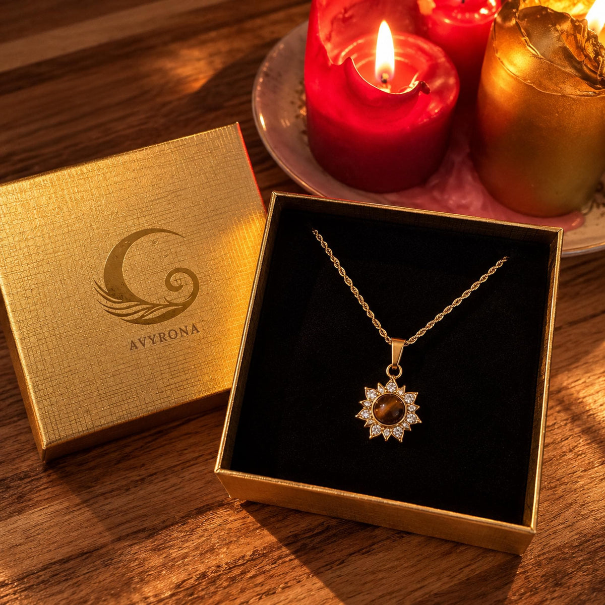 Tiger Eye Sun Necklace with Cubic Zirconia