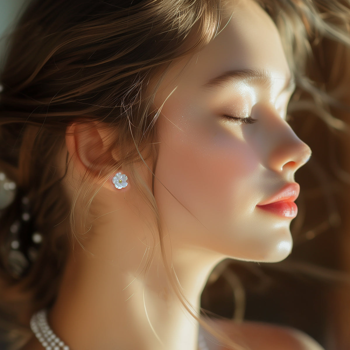 Close-up of woman wearing Imira natural shell flower stud earrings with gold detail, styled in soft light.