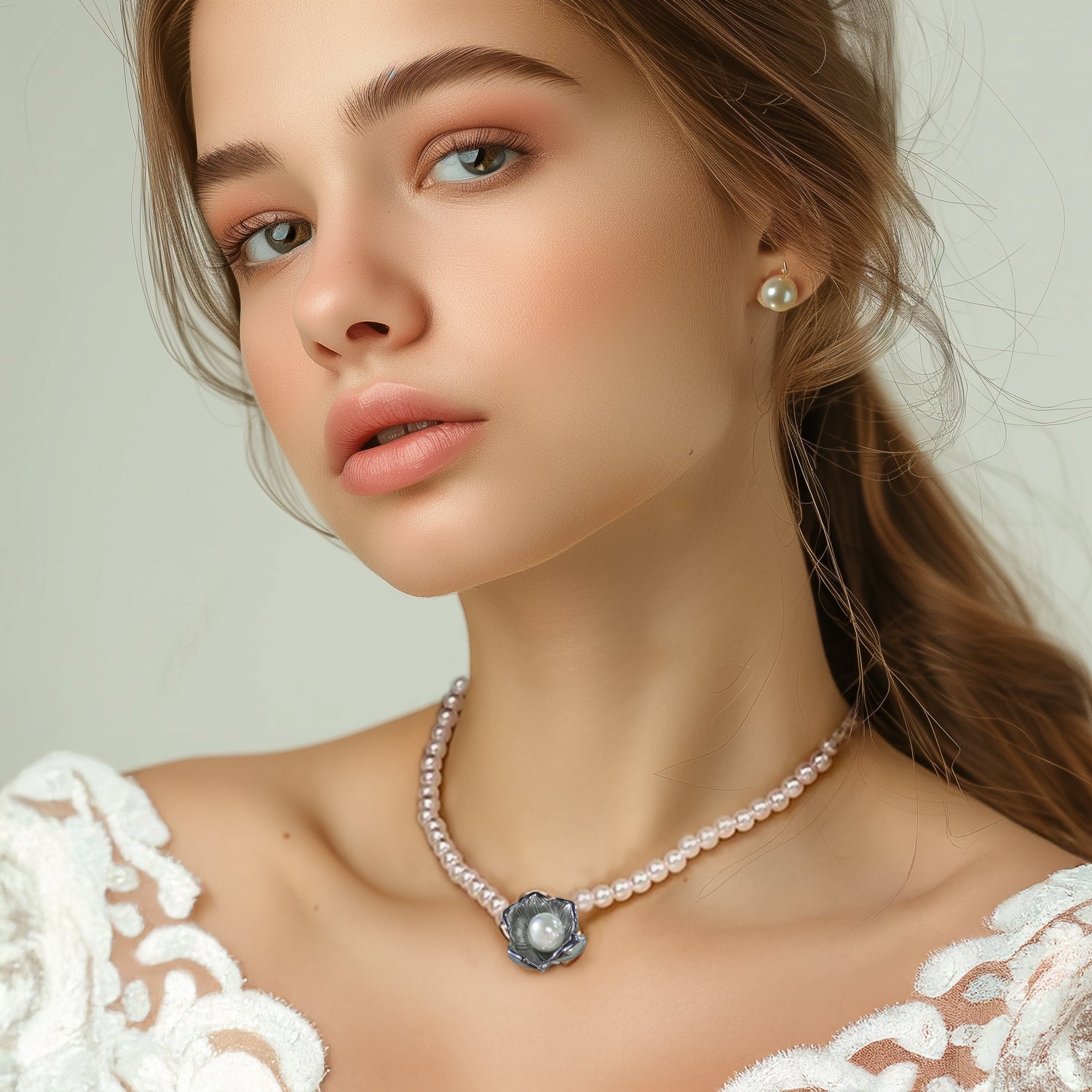 Model wearing silver flower pearl necklace with lace top